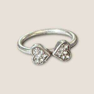 Double Heart Silver Ring With Rhinestones Size 6.75